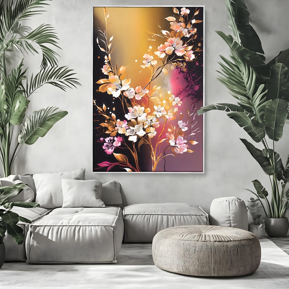 Tablou canvas cu pictura verticala cu ramura inflorita, in rama de aluminiu argintiu, pe perete intr-un living
